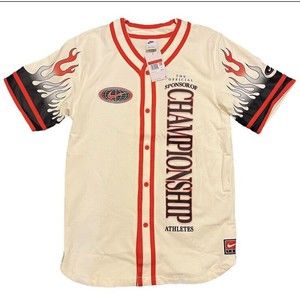 Nike Team Top Flames Button Shirt Beige Orange Sz L 100% Cotton New DV9642-133